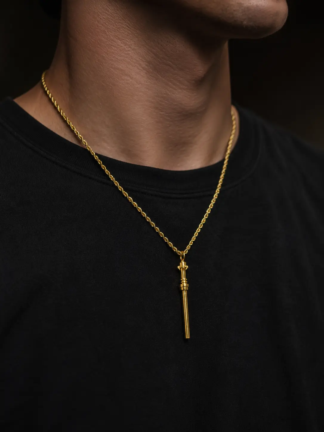 Brick Limited Gold Saber Sword Pendant Necklace for Men – 18K Gold Plated Stainless Steel Core, Galaxy-Inspired Statement Chain, Sci-Fi Hilt Charm, Lightweight, One Size Fits All, Gift for Him & Fans