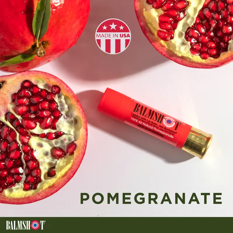 BALMSHOT Pomegranate Beeswax Lip Balm with SPF 15 - USA Made Hydrating Dry Lip Solution, Aloe-Infused, Oil-Enriched Outdoor Sun Protection, 20-Gauge Shotgun Shell Brass Dispenser, Smooth Flavor, Great Gift for Camping