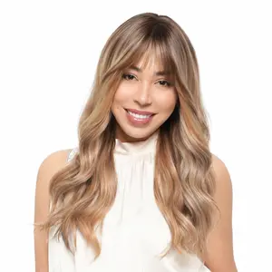 New 'EXTRA BUT NATURAL' 19-inch Ashen Golden Blonde Tri-tone Brown Underlight Ombre (Thick Underlight Highlight Blend w/ Silver Strands) Gentle Open Wave Curls w/ Fettered Face Framing Bangs Synthetic Wig | 【Heat Resistant】 【Cap Included】 | 62FSGB