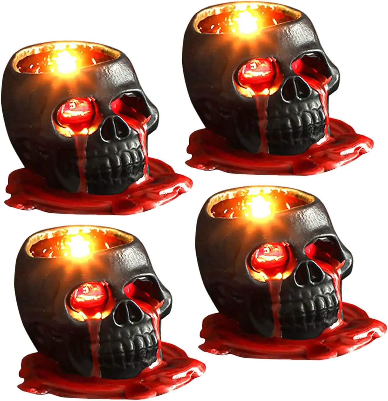 4-Pack Gothic Halloween Skull Bleeding Black Skeleton Soy Wax Candles Set - 2.5in Red Blood Drip Decor Ornaments for Spooky Table Accents, Goth Girlfriend Gifts