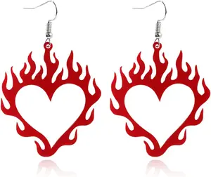 ANXIN Punk Retro  Hollow Heart Flame Pendant Earrings  Exaggerated Personality  Hop Style Red Flame Heart Earrings Women's Friends  Gifts