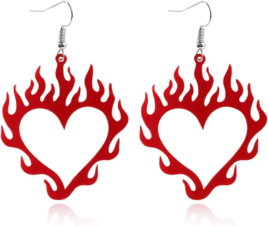 ANXIN Punk Retro  Hollow Heart Flame Pendant Earrings  Exaggerated Personality  Hop Style Red Flame Heart Earrings Women's Friends  Gifts