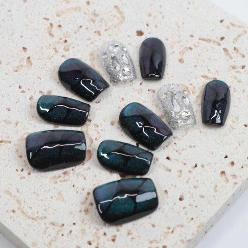 Hesperix Nails-Cat Eye Glitter Nailgems HANDMADE Square Shape REUSABLE Press-On Nails Salon Quality Acrylic Nail Art(10pcs Set)
