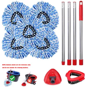Spin Mop Head and Brush Replacement Compatible with O Cedar EasyWring 2-Tank System, 5 Mop Replace Heads, 1 Mop Scrub Brush and 1 Mop Base Set, Cleaning All Hard-surface Floor, Fluffy Microfiber, Machine Washable and Easy to Replace(No Bucket)