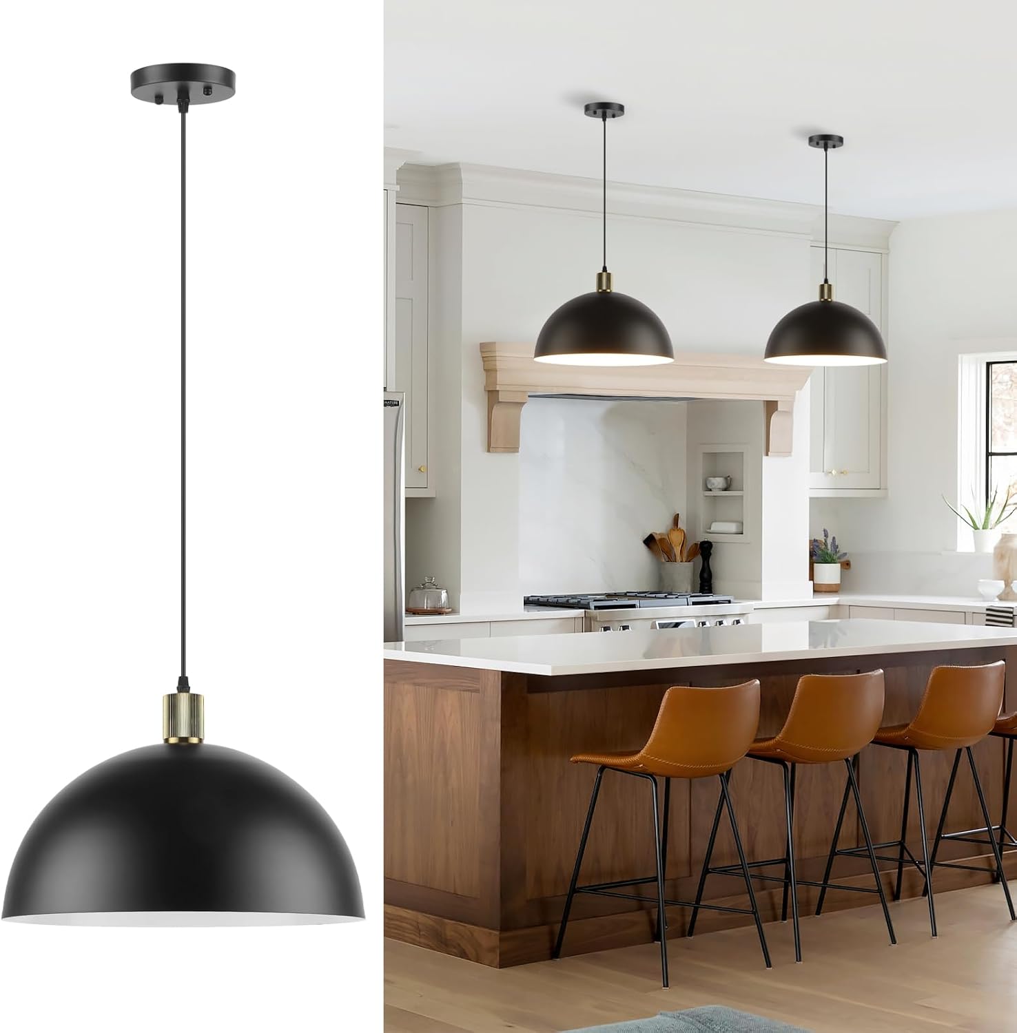 Black Pendant Light Fixtures, 15.7" Large Dome Farmhouse Vintage Chandelier Hanging Lighting for Kitchen Island Dining Room