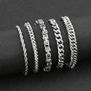 2026 New 5PCS Men’s Stainless Steel Bracelet Set - Minimalist Silvery Casual Jewelry for Daily Wear & Dating