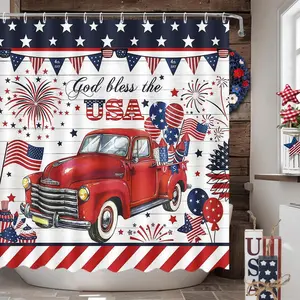 4th of July Shower Curtain Independence Day Truck God Bless The USA Shower Curtain for Bathroom American Blue and Red Flag Stars Home Bathtub Decor Fabric Waterproof Bath Curtain