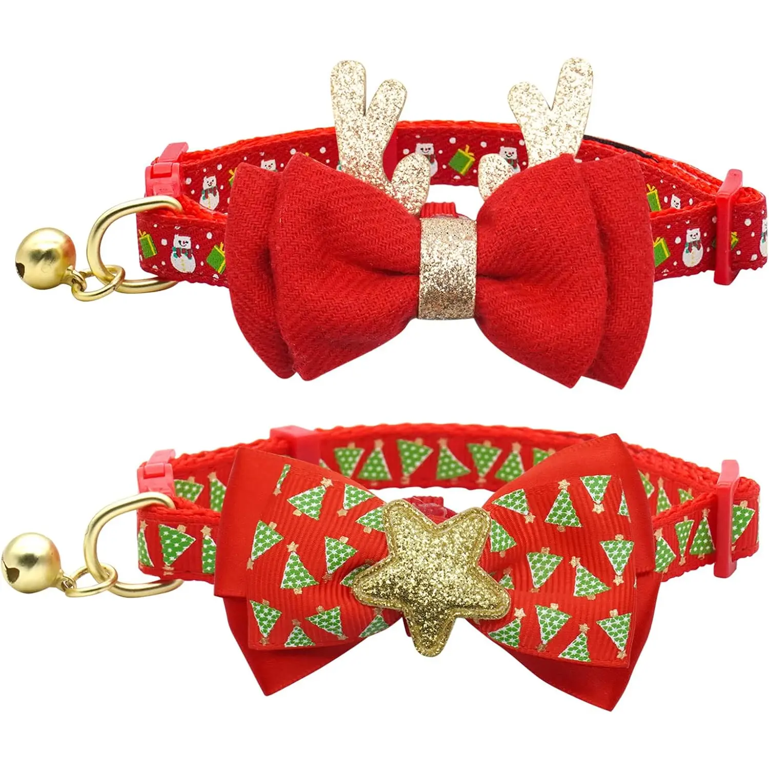 Azuza 2 Pack Christmas Cat Collar with Bells Christmas Cat Bowtie with Christmas Tree and Santa Claus Pattern Xmas Breakaway Cat Collar Size Adjustable from 8"-12" azuza