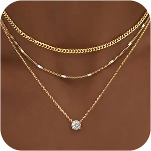 Layered Gold Necklaces for Women, 14K Gold Sterling Silver Plated Dainty Pendant Necklace Set Non Tarnish, Chunky Stackable Cuban Chain Choker, Trendy Personalized Birthstone Jewelry Gift for Mom