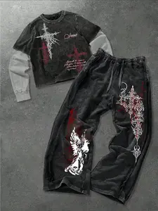 Men's Soft Cotton Graphic Prints Tee & Long Pants Set, Casual Fitted Short Sleeves, Loose Fit Elastic Waist Knitwear, Street Style