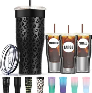 Universal Iced Coffee Sleeve - Upgraded Double Wall  Stainless Steel Holder Sleeves Insulator for Cold Drinks Fits  Dunkin Donuts McDonalds Small Medium Large Cup (Black Leopard)