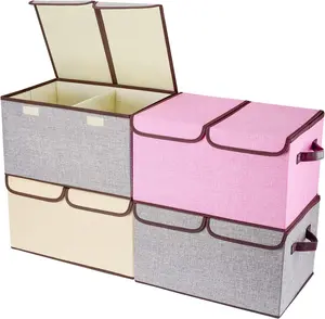 Larger Storage Cubes [4-Pack] Senbowe 33 Quart Linen Fabric Foldable Collapsible Storage Cube Bin Organizer Basket with Lid, Handles, Removable Divider For Home, Nursery, Closet - (16.5 x 11.8 x 9.8”)