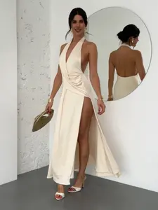 Deep V Neckline Pleated Backless Irregular Shaped Dress with High Slit and Elegant Design