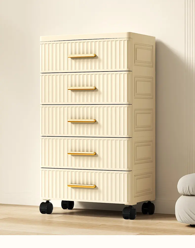 Cream 5-Layer Durable Plastic Multifunctional Drawer Storage Cabinet with Wheeled Base - Durable Plastic Construction, Mobile Convenience, Versatile Storage Solution for Bedside, Living Room