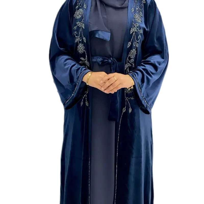 Nikhat Abaya- with Beautiful Flower and Leaf Design done with stones, Long Sleeves, available in Navy Blue & Green Colour, Suitable for Special Occasions.