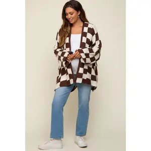 Brown Checkered Print Oversized Maternity Cardigan