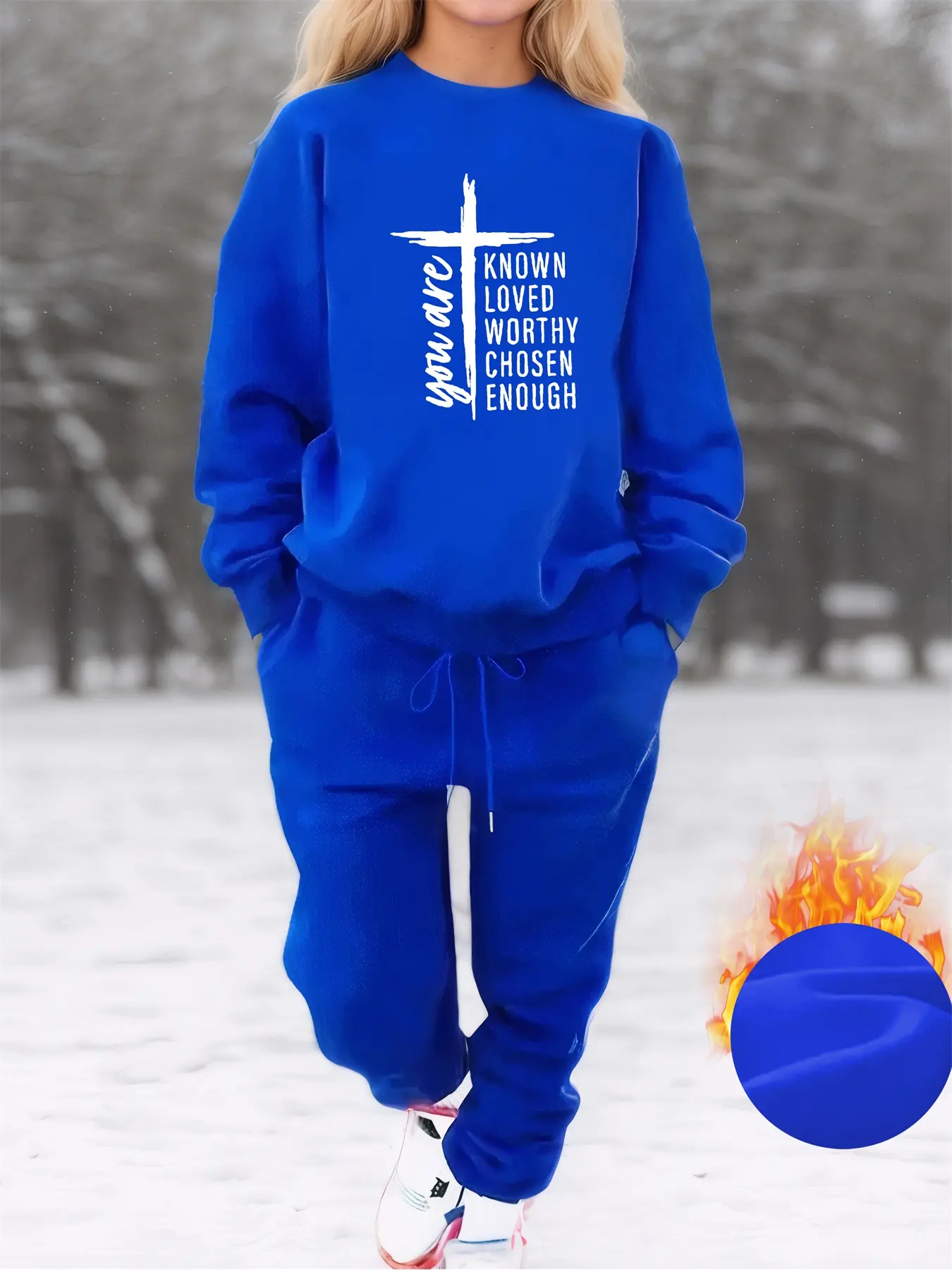Women's Plus Size Fleece Sweatshirt Set, Cross Letter Print Casual Streetwear Long Sleeve Round Neck Top and Drawstring Pants Two-Piece