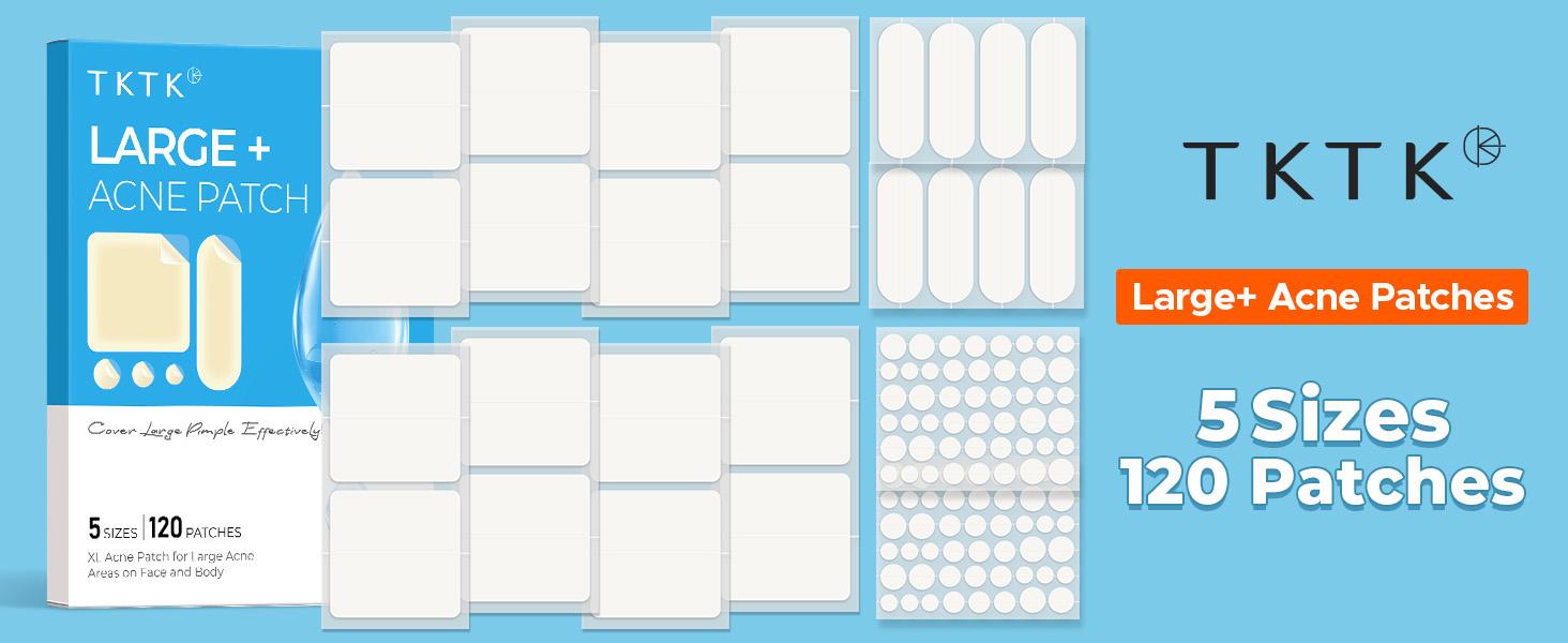 TKTK Hydrocolloid Bandages, 45 x 45 mm Large Pimple Patches for Face, XL Acne Patches for Body, Back, Forehead, Cheek Zit Breakouts, Big Hydrocolloid Patch (Square, Strip, Dot 5 Sizes 120 Count)