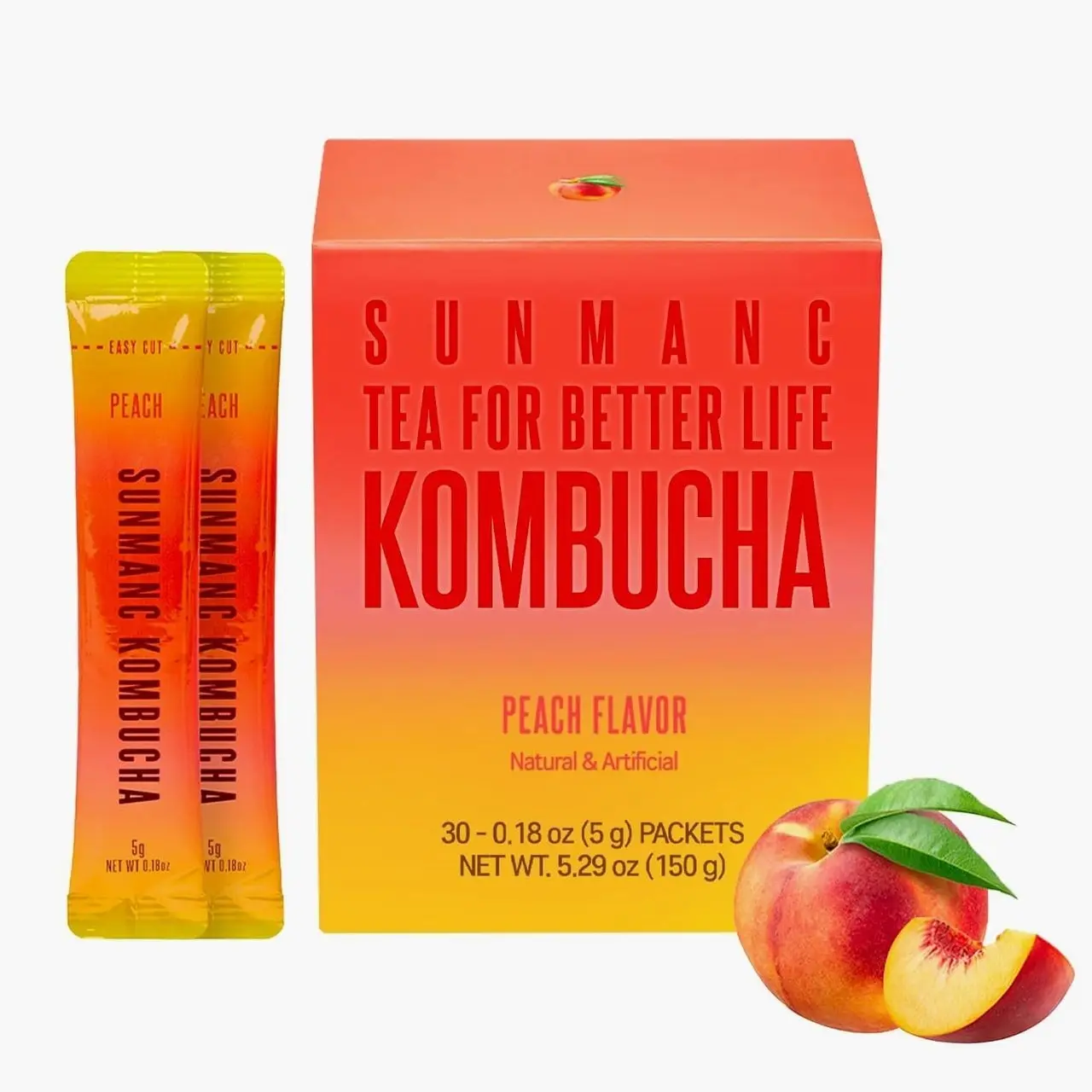 SUNMANC Peach Kombucha 30 Packets - 0g Sugar & 15 Calories - 19 Probiotic Strains & Vitamin C - Refreshing Sparkling Drink Mix for Digestive Support - Perfect K-Food Pairing (Peach)