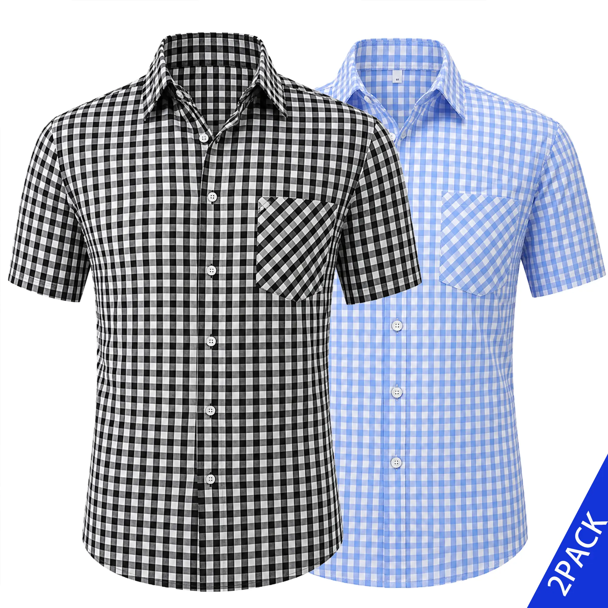 2 Pack Men's 100% Cotton Gingham Plaid Short Sleeve Button Down Shirt Lightweight Breathable Casual Summer Shirt