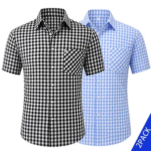 2 Pack Men's 100% Cotton Gingham Plaid Short Sleeve Button Down Shirt Lightweight Breathable Casual Summer Shirt