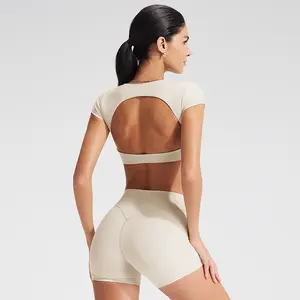 Women's Sports Shirts Set Workout Tops Fitness Activewear Quick-Dry Yoga Clothes Sport Crop Backless Gym Top for Female