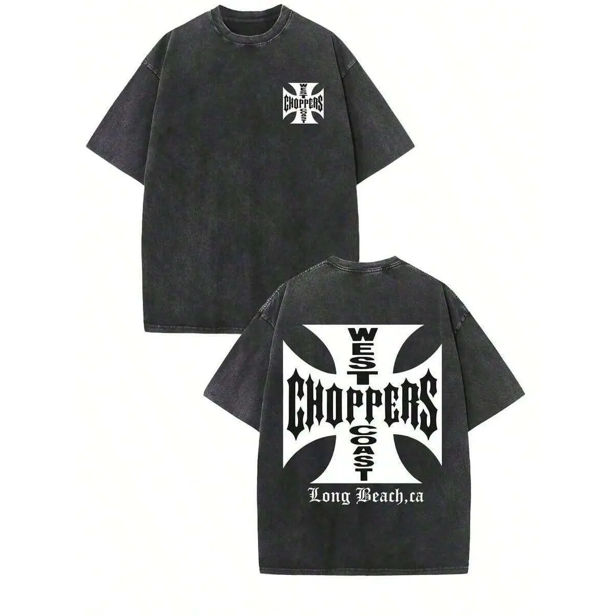 Double Side West Coast Choppers Long Beach Iron Cross Logo Washed Black Crew Neck Short Sleeve Unisex Top, Casual Daily Outfit T-Shirt For Chopper Bike Fans Men And Women