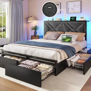 6 Drawers LED Bed Frame with Storage Shelf, Wood Luxury Platform Bed Frames with USB Port Charging Station & Upholstered Headboard for Queen, Full, Holds 1000lBS, No Box Spring Needed, Gray, Rustic Brown