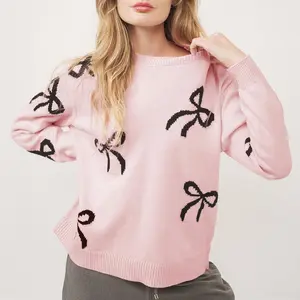 Light Pink Bow Pattern Knitted Loose Fit Sweater