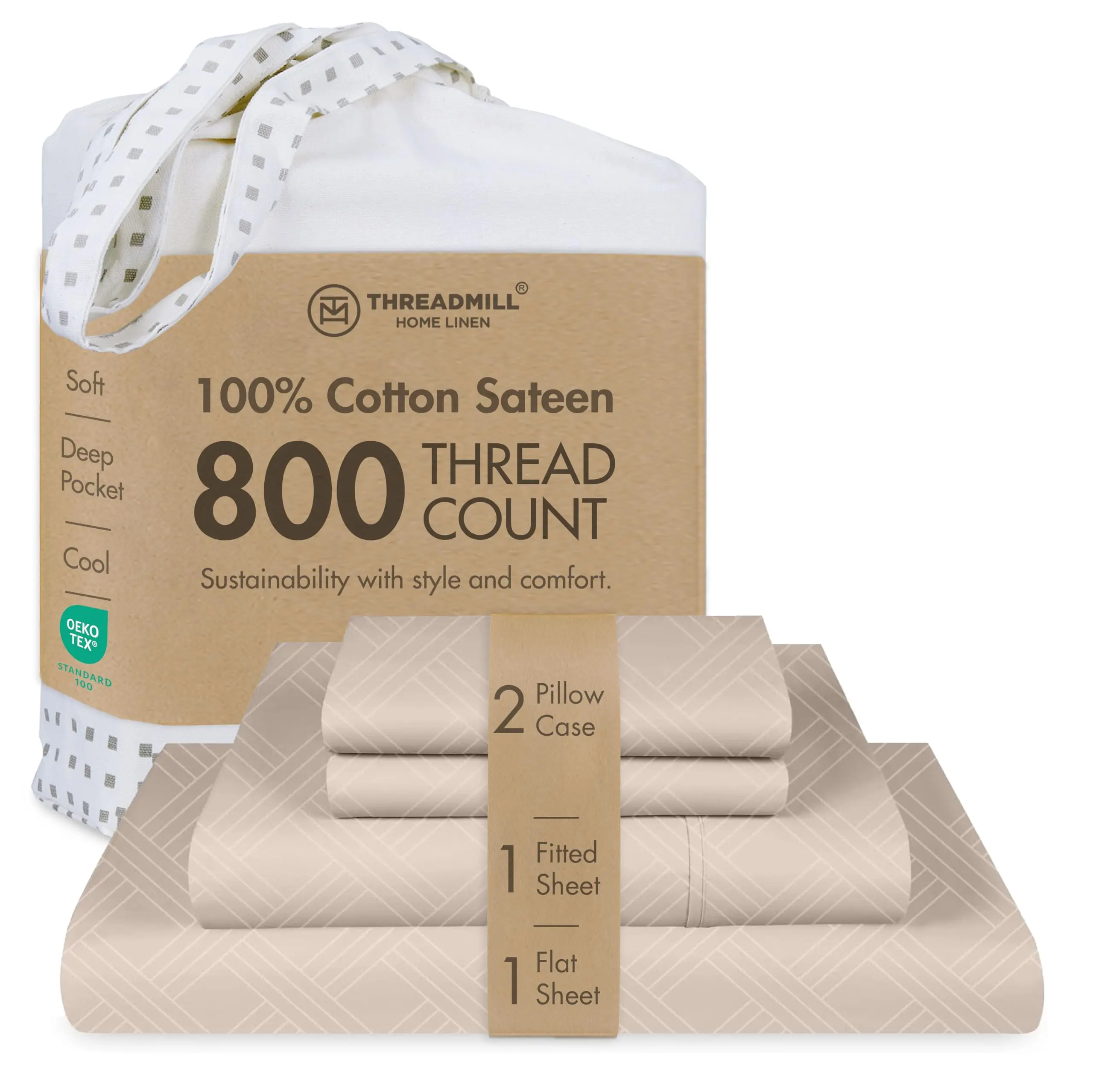 Threadmill Home Linen 4-Piece Geometric Striped Extra Long Staple Cotton Sheet Set - 800 Thread Count Jacquard, Breathable, Durable, Fade-Resistant, Elegant Bedding Sheets & Pillowcases