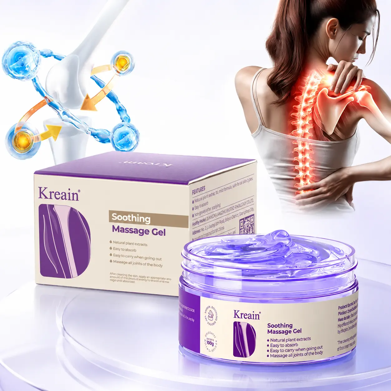 Kreain Purple Joint Care Gel 100g, Effective Soothing Cream，Massage with Natural Botanical Extract, Muscle & Joint Massage Cream for Knee, Shoulder, Neck, Back, Waist, Legs, Hands & Feet, Non-Greasy Fast Absorbing