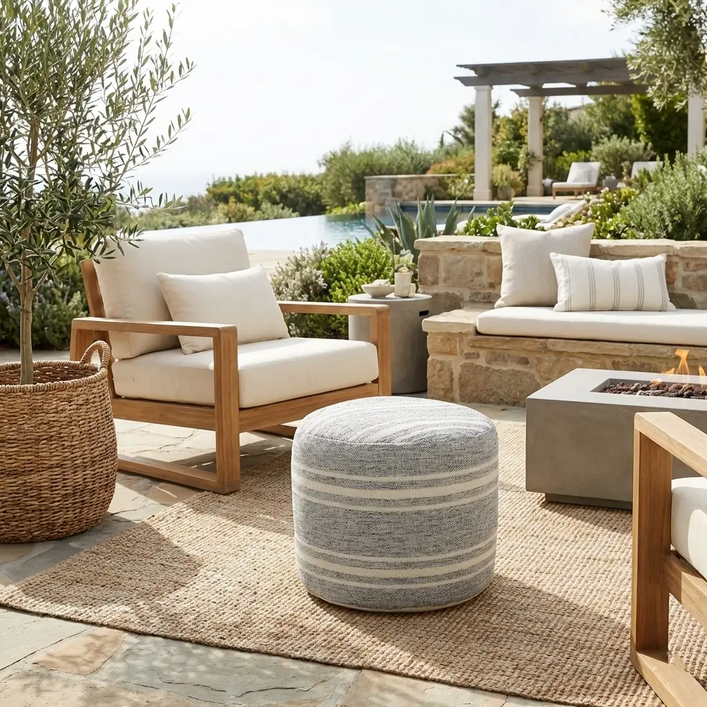 Bora Handmade Farmhouse Striped Round Indoor/Outdoor Medium Pouf Ottoman, Gray