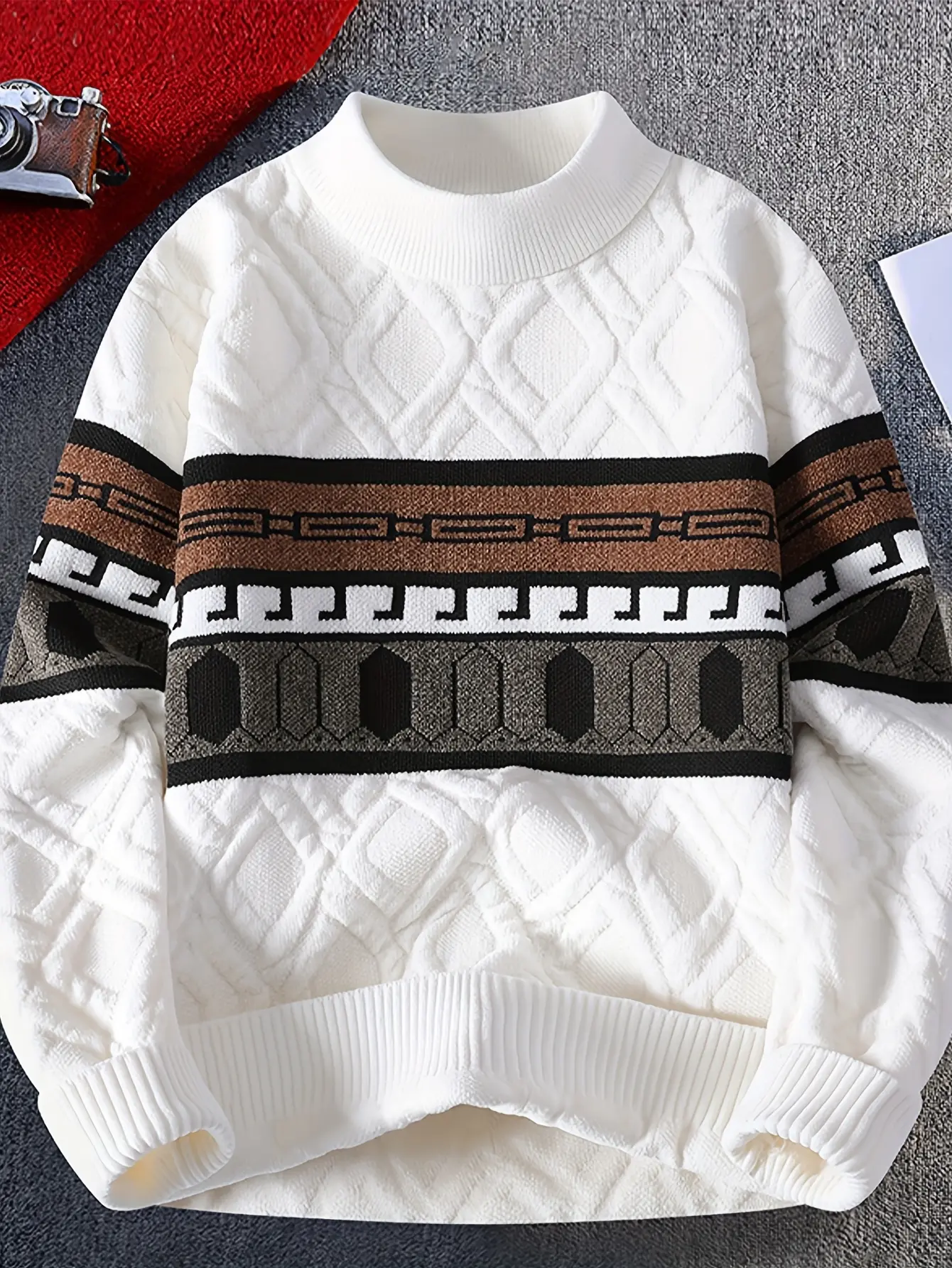 Men's Autumn-Winter Thermal Pullover Sweater - Korean Crew Neck, Colorblock, Jacquard Detail, Casual Trendy Comfortable Design