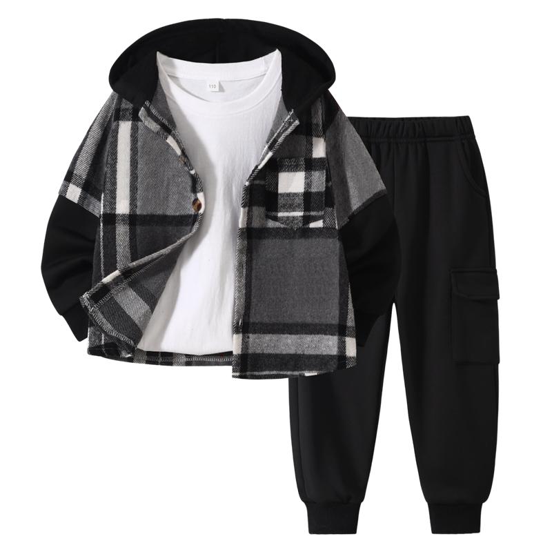 2-Piece Boys' Flannel Plaid Shirt & Pants Set with Hoodie Sweatshirt Suitable for Fall, Winter, and Spring Ages 4-12