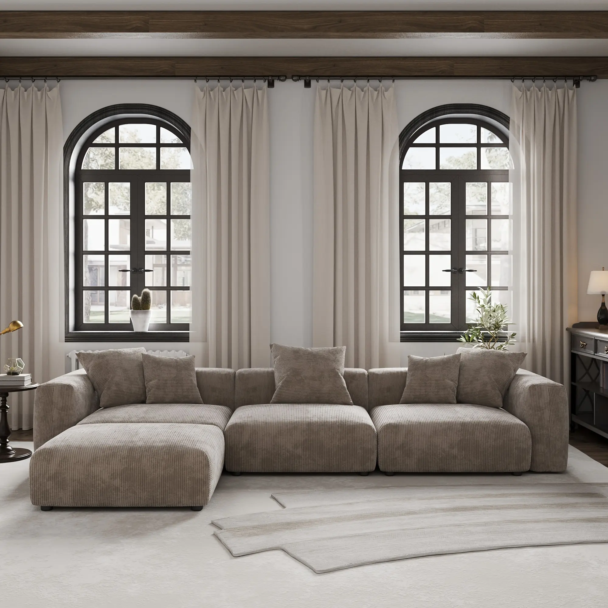 L-Shaped Modular Sectional Sofa with Chaise & Ottoman: Oversized 3-Seater Couch Suitable for Families, Corduroy Upholstery, Removable Washable Cushions & 5 Pillows, Modern Furniture, Frame (Assembly Required)