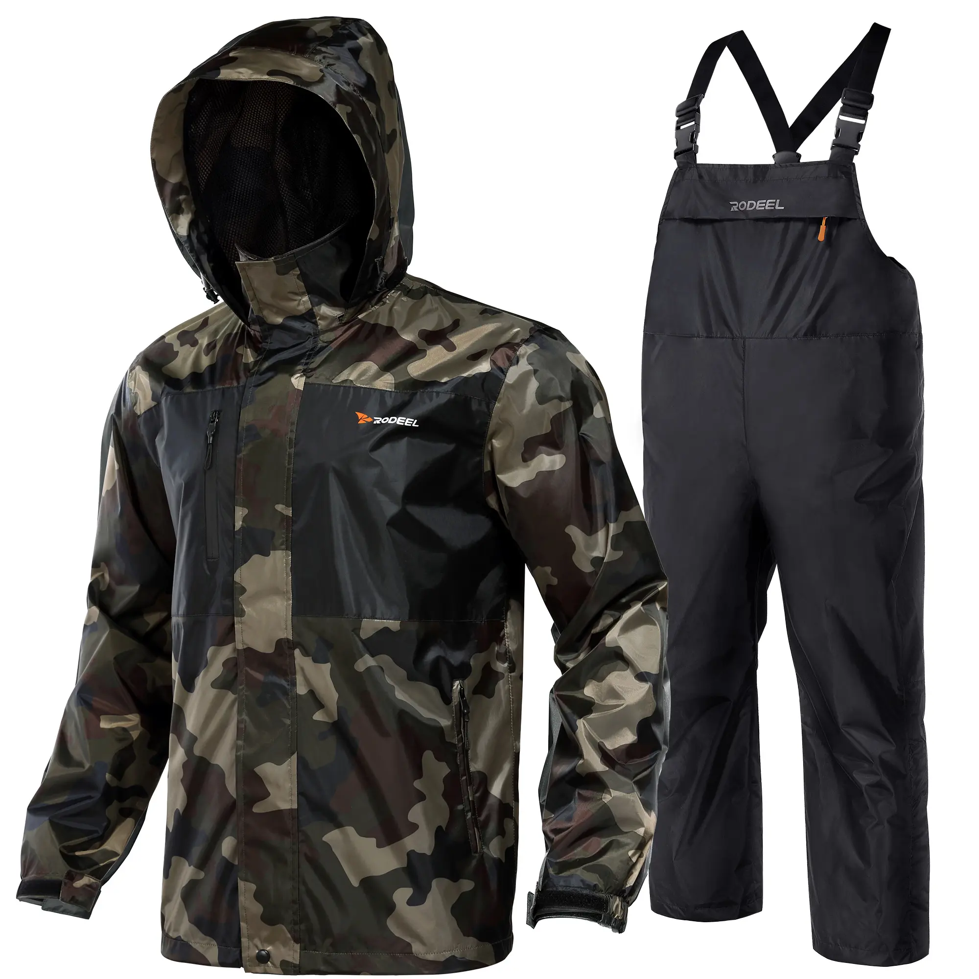 RODEEL Men's Waterproof Bib Overalls Rain Suit - Full Body Cover, Lightweight Breathable Full-Zip Hooded Jacket, Durable Weatherproof Windbreaker for Outdoor Hiking, Construction Workwear