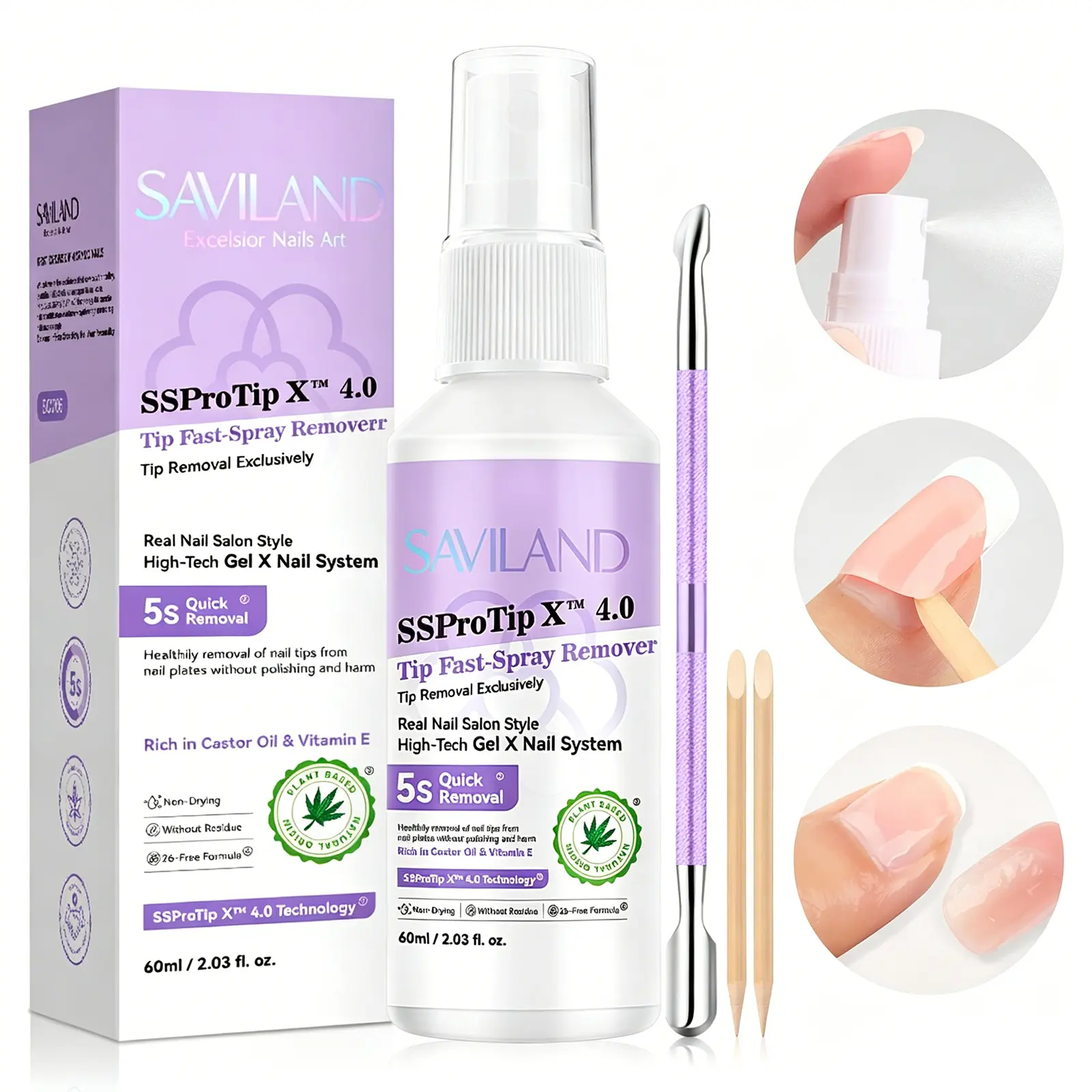 SAVILAND Castor-Oil Infused Nail Glue Dissolving Mist – 60 ml Acetone-Free, Odor-Free Spray for Rapid 5-Second Gel & Solid Adhesive Removal, Gentle Salon-Grade Formula for Safe At-Home Use