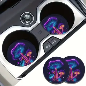 2pcs Starry Sky Mushroom Pattern Absorbent Car Coasters, Car Interior Accessories, Coasters For Vehicles Home Desktop Kitchen