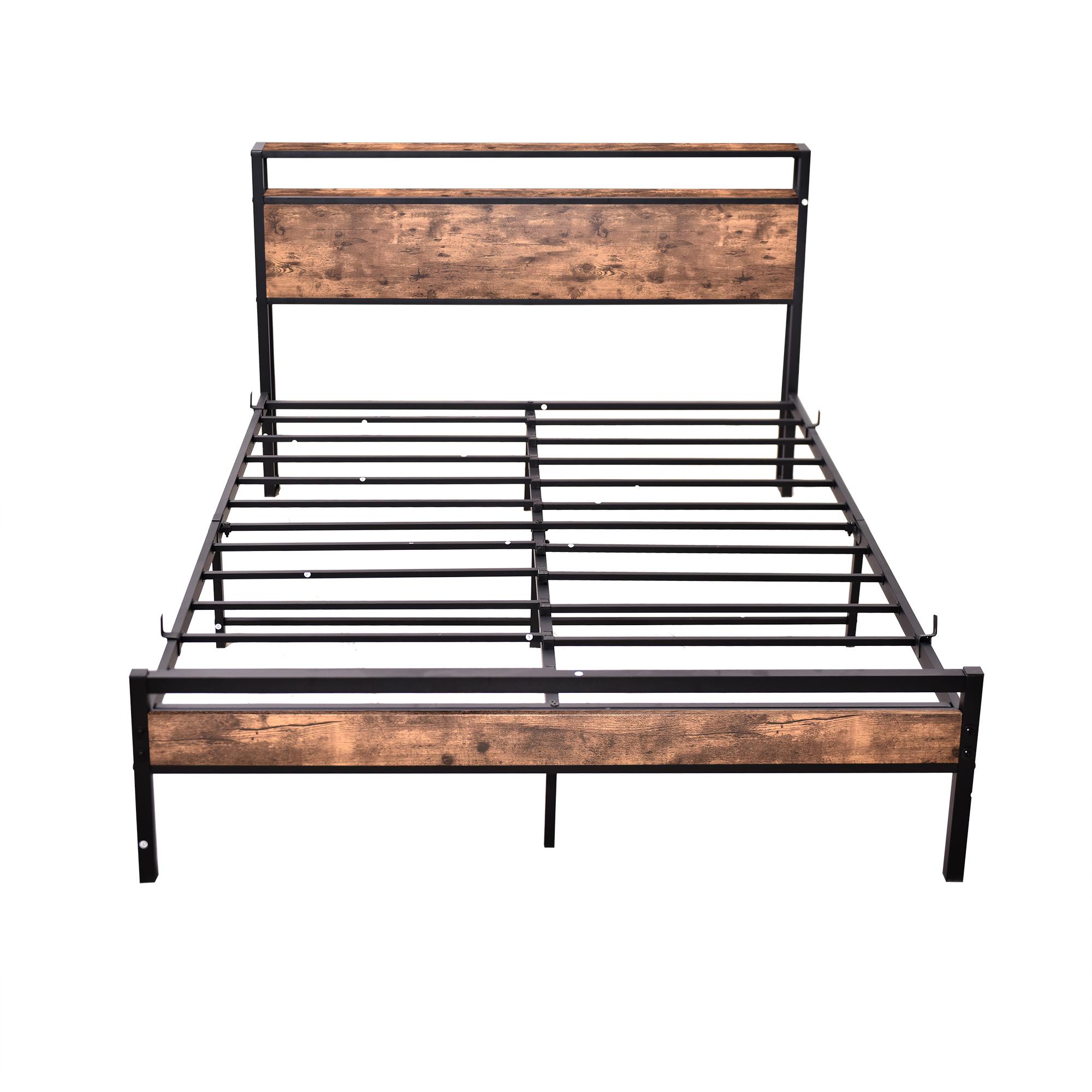 Different Size Metal Platform Bed Frame with Wooden Headboard and Footboard. Features robust metal slat support, no box spring required, delivering exceptional stability and a streamlined, modern aesthetic for your bedroom.