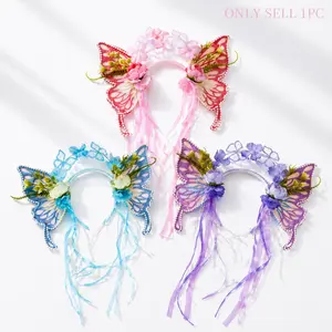 Three Colors Fairy Princess Butterfly Hairband, Fringe Hair Accessory for Girls, Party Fashion Decorative Braided Headband, Blue, Birthday Gift
