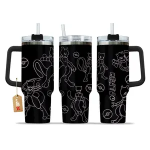 STORMMECH- MewTwo 40oz Handle Tumbler – PKM Stainless Steel Travel Mug, Anime Inspired Vacuum Insulated Cup, Large Iced Coffee Tumbler, Manga Fighter Drinkware, Otaku Gift for Him Her
