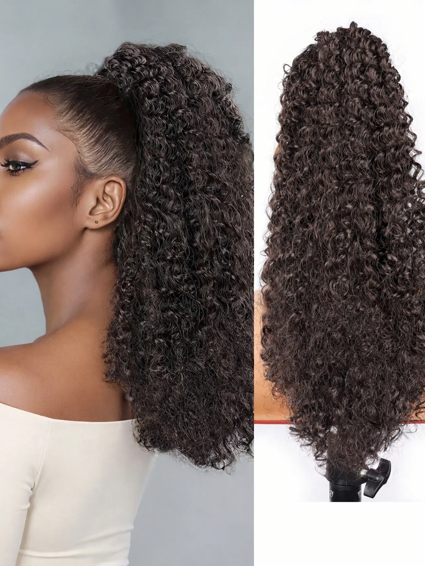 14 Inch Curly Ponytail Extension Drawstring Clip Heat Resistant Synthetic Wholesale 14 Inch Black Synthetic Fiber Curly Wave  main image 2