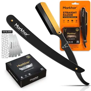 Markhor® Straight Razors for Men with 100 Single Edge Razor Blades | Matte Black with 24k Gold Platted Barber Straight Razor | Straight Edge Razor | Barber Razor Blade | Navajas Para Barbero