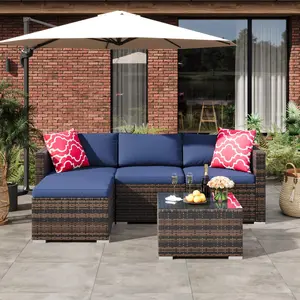 5-Piece All-Weather Patio Furniture Set, Convertible Outdoor Sectional Sofa with Ottoman & Tempered Glass Table, PE Rattan Conversation Set for Garden, Backyard, Porch, Poolside,Brown/Navy Blue