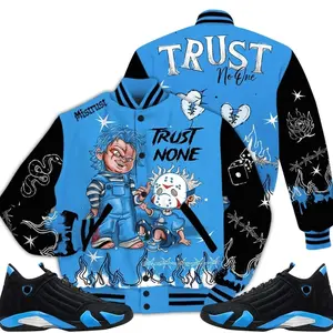 14 University Blue Outfits, Black University Blue 14s Varsity Jacket, Scary Trust No One Unisex T-Shirts To Match Sneakers Streetwear