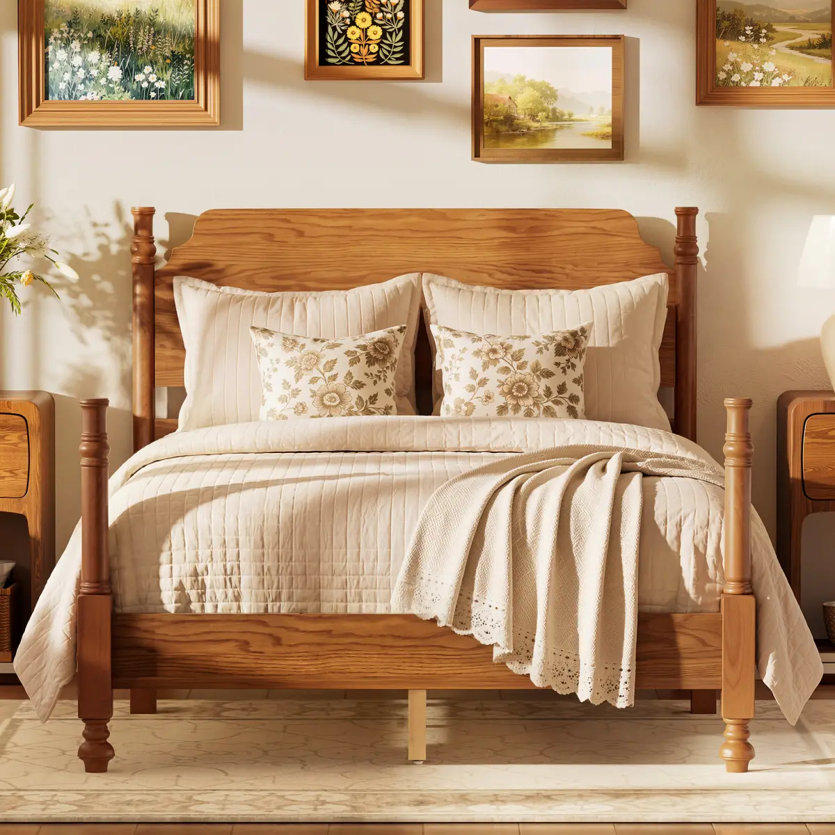 [Bellemave] Vintage Platform Bed| Traditional Wood Spindle Post Bed with Headboard| No Box Spring Required| Easy Assembly﻿
