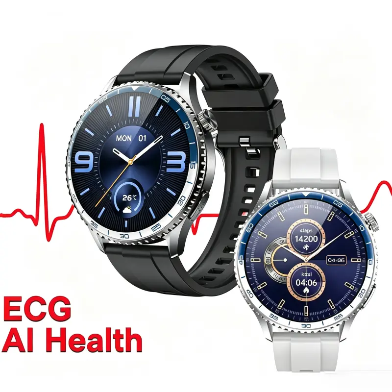 Men’s round dial ECG smartwatch with blood pressure monitoring, sleep tracking, fitness tracking, Bluetooth calling, and phone sync; 1.56-inch EKG/heart rate monitor, over 100 sports modes; compatible with Android and iOS; IP68 waterproof; black wearable