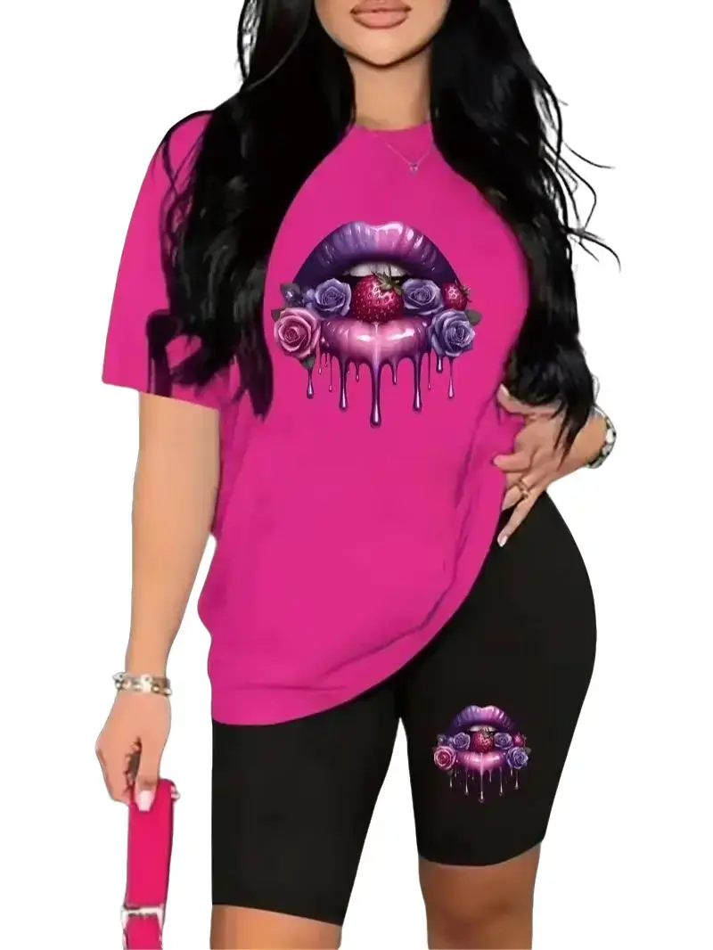 Women's "Purple Rose Lips" & Geometric Printed 2-Piece Short-Sleeve Knit Polyester Round Neck Coordinated Short & Top Set - Soft, Lightweight, Comfortable, Fit, Loose for Summer/Fall All-Day Casual Wear, Shortsleeve, Coordinated Short & Top Sets