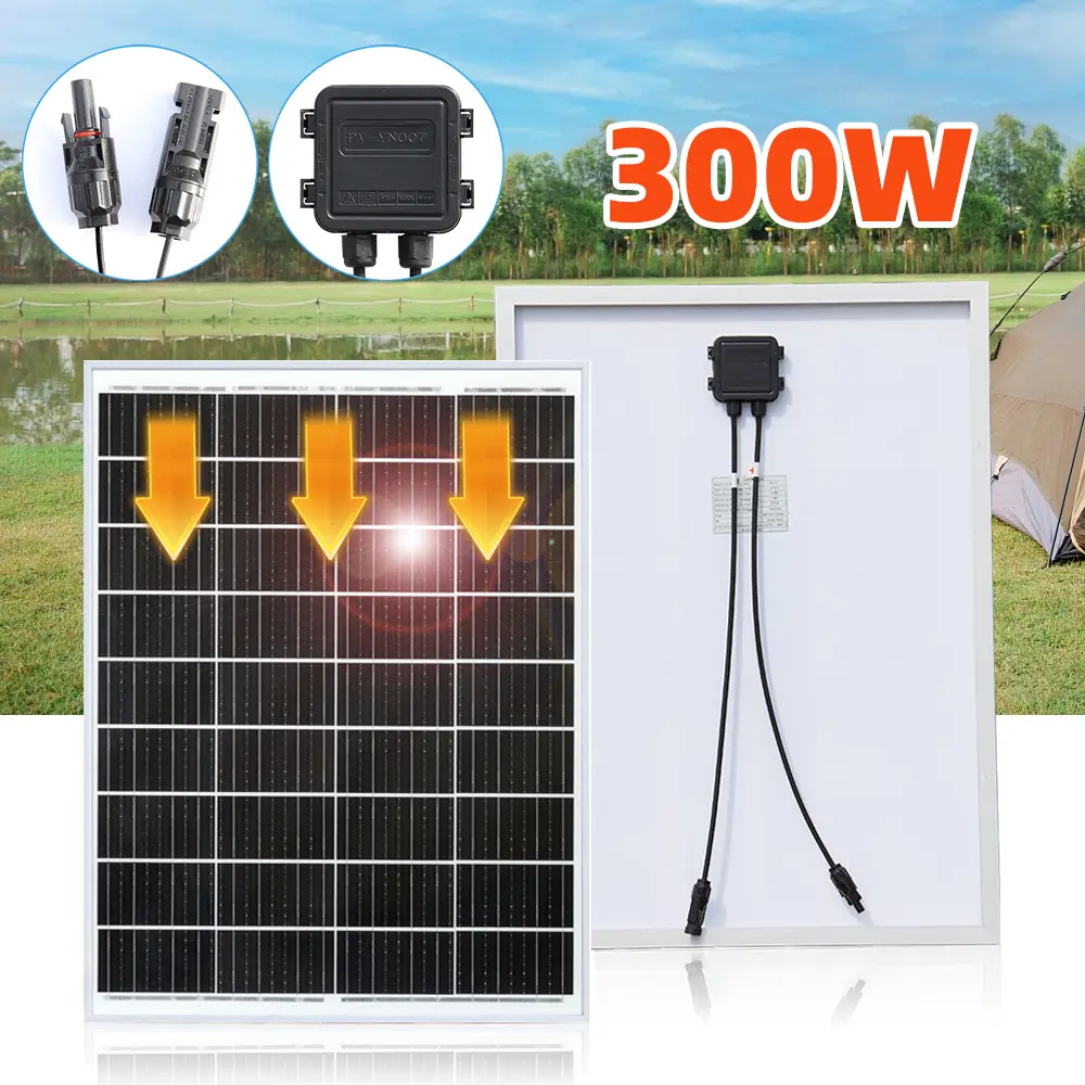 High Efficiency 300W 18V Rectangular Monocrystalline Solar Panel with Aluminum Frame, USB & Type-C Output, Sunlight Powered DC Power Supply for RV, 12V Battery Charging