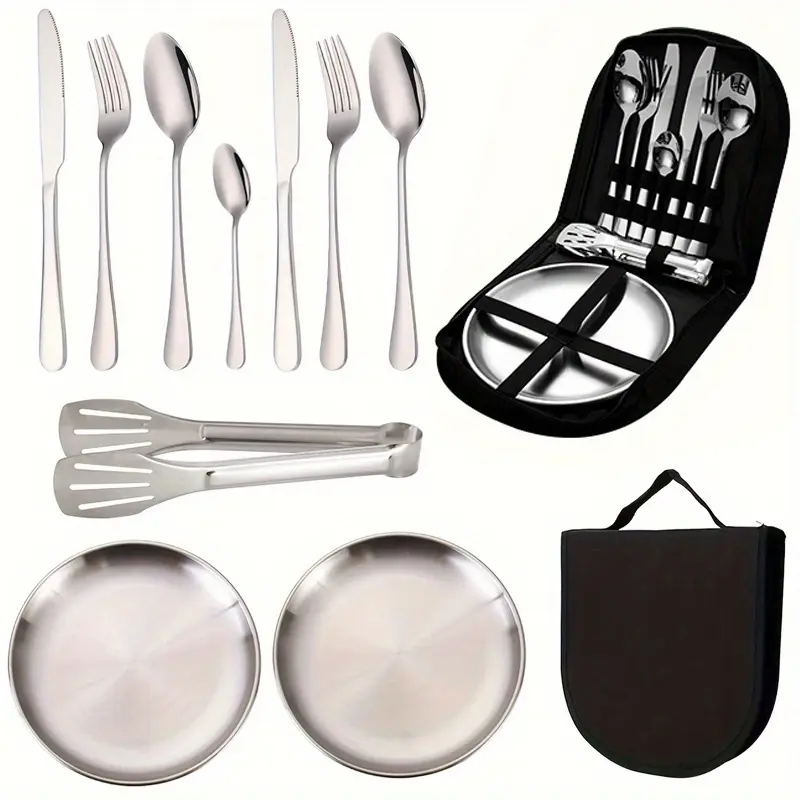 11pcs Stainless Steel Camping Tableware Set - Portable And Durable Outdoor Picnic Utensils with Plates, Forks, And Spoons for Hiking, Backpacking, And Camping Adventures - Perfect for Travel And Outdoor Meals